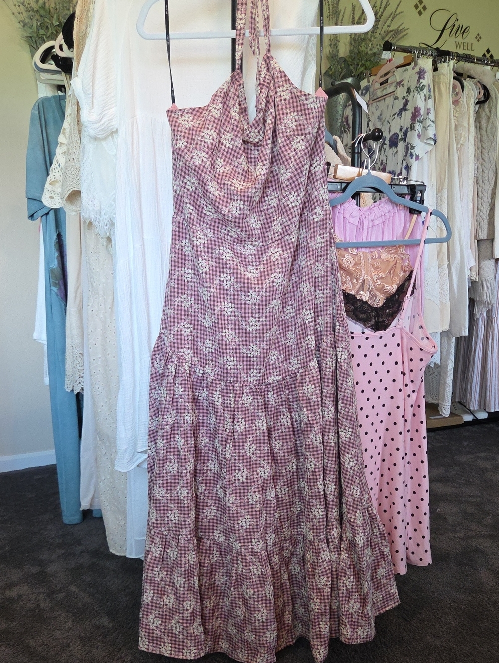 Just Me Mauve Pink Gingham Floral Halter Maxi Dress